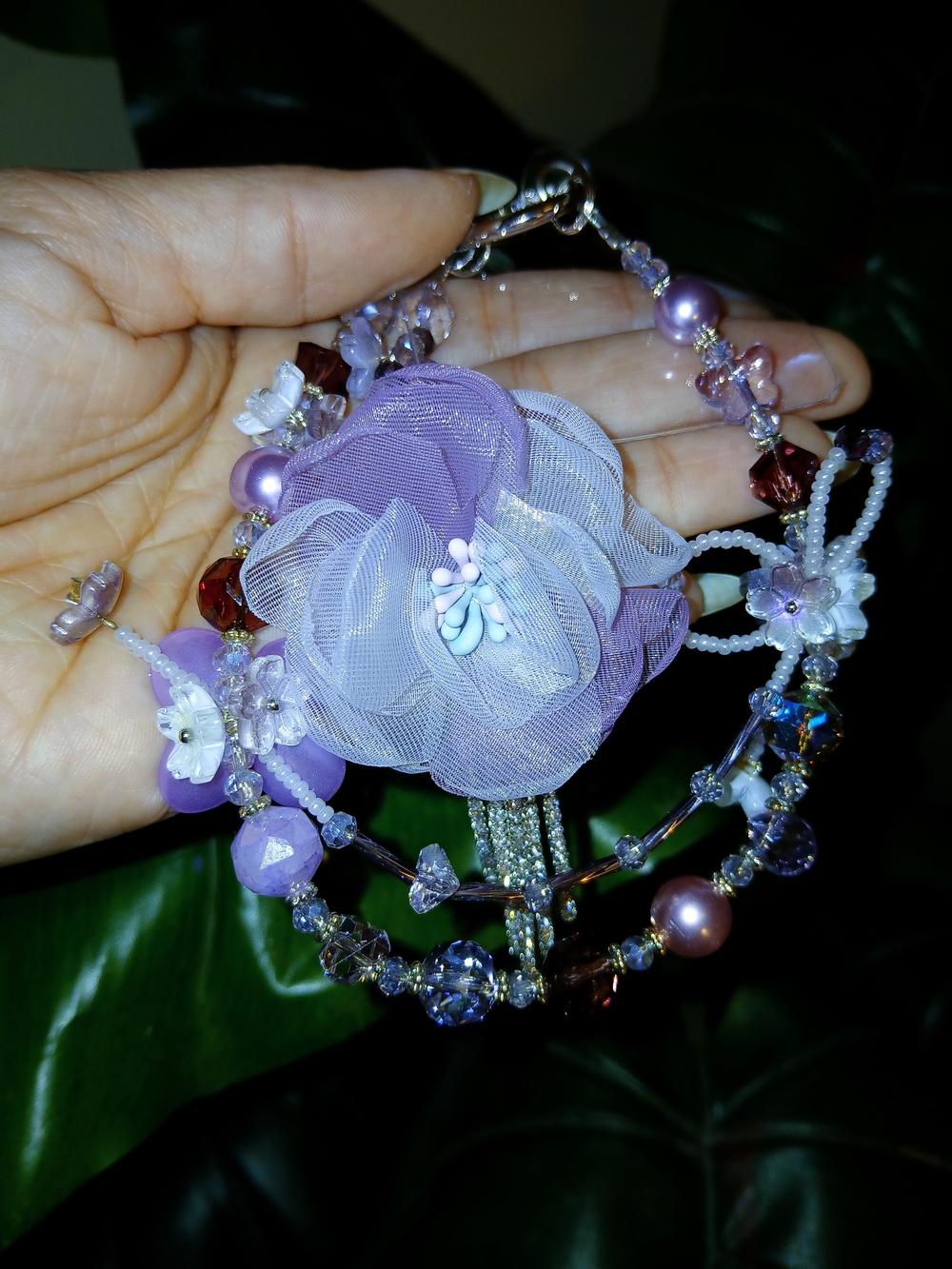 Lavender Floral Beaded Charm With Rhinestone Dangles For Phone Or Purse